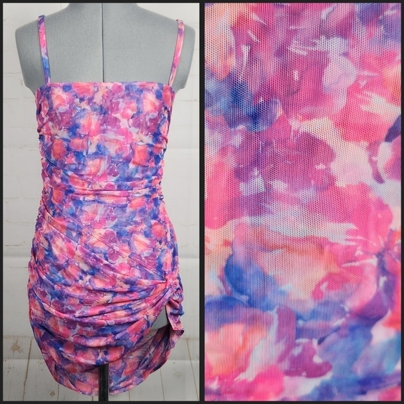 For Love & Lemons Natasha Floral Swim Cover Up Mesh Mini Dress in Multi Small - Picture 2 of 15